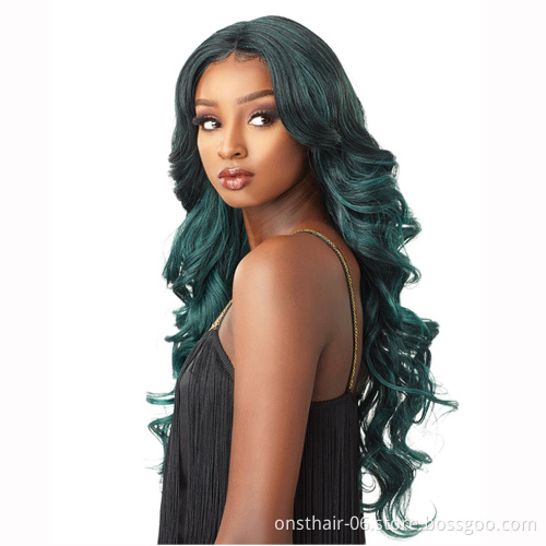 Best Price 24inch Long Ombre Green Light Synthetic Wigs Middle Part Water Wave Cosplay Wig For Black Woman Heat Resistant Fibre